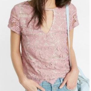 Express: Pink Lace cut out short sleeve T-shirt- nude underlay